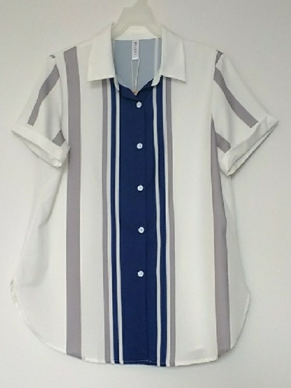 White Short-Sleeve Button-Down with Navy & Gray Stripes Size L